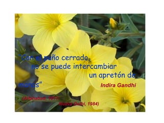 “ Con el puño cerrado,  no se puede intercambiar  un apretón de manos” Indira Gandhi     (Allahabad, 1917-  Nueva Delhi, 1984)   