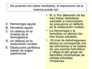 De acuerdo con estos resultados, el mecanismo de la 
anemia puede ser: 
A. Hemorragia aguda 
B. Hemólisis aguda 
C. Un defecto en la 
síntesis de la 
hemoglobina 
D. Un defecto en la 
maduración nuclear 
E. Destrucción periférica 
celular de origen 
autoinmune 
• R: d. Por alteración de las 
tres líneas medulares 
asociado a macrocitosis, 
se presupone un defecto 
en la maduración nuclear. 
• La hemorragia o la 
hemólisis no afectan las 
tres líneas celulares. 
• El nivel de dehidrogenasa 
láctica no corresponde con 
las bilirrubinas si se tratara 
de una anemia hemolítica 
y refleja el alto grado de 
hemólisis intramedular de 
células eritroides 
inmaduras. 
 