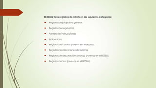 El 80386 tiene registros de 32 bits en las siguientes categorías:


Registros de propósito general.



Registros de segmento.



Puntero de instrucciones



Indicadores.



Registros de control (nuevos en el 80386).



Registros de direcciones de sistema.



Registros de depuración (debug) (nuevos en el 80386).



Registros de test (nuevos en el 80386).

 