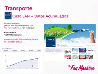 Transporte
Caso LAN – Datos Acumulados
Hasta el momento,
gracias a las acciones hechas con
The Fan Machine se han registrado:
• 160.000 Fans
• 56.000 Participantes
• Incremento del 33% en la base de fans
de Facebook de LAN

 