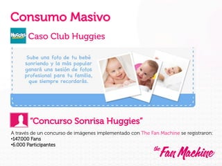 Consumo Masivo
Caso Club Huggies

“Concurso Sonrisa Huggies”
A través de un concurso de imágenes implementado con The Fan Machine se registraron:
• 147.000 Fans
• 6.000 Participantes

 