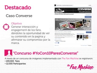 Destacado
Caso Converse
Objetivo
Generar interacción y
engagement de los fans,
dándoles la oportunidad de ver
su contenido en la pagina y
aﬁrmarar su compromiso por la
marca.

“Concurso #YoCon10ParesConverse”
A través de un concurso de imágenes implementado con The Fan Machine se registraron:
•  245.000 Fans
•  12.000 Participantes

 
