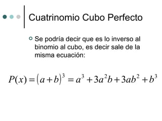 Cuatrinomio Cubo Perfecto Se podría decir que es lo inverso al binomio al cubo, es decir sale de la misma ecuación: 