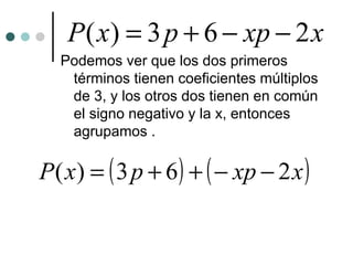 Podemos ver que los dos primeros términos tienen coeficientes múltiplos de 3, y los otros dos tienen en común el signo negativo y la x, entonces agrupamos . 