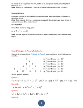 7
El -2 salió de un x+2 porque si x+2=0, saldría x=-2 . eso quiere decir que nuestro primer
término es x+2
Nota: Siempre se iguala a cero y siempre los primeros términos son de la forma x+a .
Segundo término
El segundo término es el coeficiente de nuestra división por Ruffini, es decir, el segundo
término es x2
-x-3 .
Nota: En el segundo término, a veces todavía se puede descomponer por aspa simple; si
ese es el caso, se debe descomponer.
Resultado final
El resultado final es el el siguiente:
Nota: Se debe dejar así, no se debe multiplicar, puesto que eso sería retroceder todos los
pasos.
Caso XI Triángulo de Pascal y factorización
Conociendo el desarrollo del [Triángulo de Pascal], podemos obtener factorizaciones muy
sencillas.
Así por ejemplo, tenemos:
Ejemplo 1:
Ejemplo 2:
Ejemplo 3:
Ejemplo 4:
 