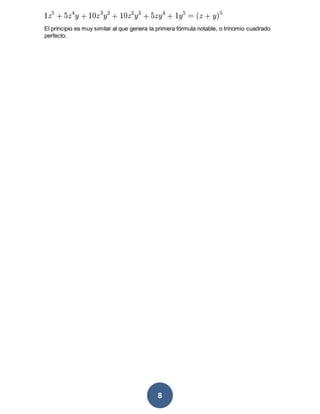 8
El principio es muy similar al que genera la primera fórmula notable, o trinomio cuadrado
perfecto.
 