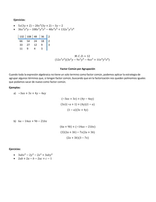 Ejercicios:
• 5/ 31 + 2 − 20/ 31 + 2 − 31 − 2
• 36/ ? 1 − 108/+
1 ? − 48/ ?+
+ 132/@
1 ?5
132 108 48 36 2
66 54 24 18 2
33 27 12 9 3
11 9 4 3
A. . C. = 12
12/ ? 3? 1 − 9/ 1 − 4/? + 11/ 1 ?
Factor Común por Agrupación
Cuando toda la expresión algebraica no tiene un solo termino como factor común, podemos aplicar la estrategia de
agrupar algunos términos que, si tengan factor común, buscando que en la factorización nos queden polinomios iguales
que podamos sacar de nuevo como factor común.
Ejemplos:
a) −3 / + 3/ + 41 − 4 1
−3 / + 3/ + 41 − 4 1
3/ − + 1 + 41 1 −
1 − 3/ + 41
b) 6 − 14 / + 9 − 21 /
6 + 9 + −14 / − 21 /
3 2 + 3 − 7/ 2 + 3
2 + 3 3 − 7/
Ejercicios:
• 3 / − 21 − 2/ + 3 1
• 2 + 2 − − 2 + − 1
 