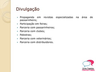 Divulgação
 Propaganda em revistas especializadas na área de
passarinheiro;
 Participação em feiras;
 Parceria com passarinheiros;
 Parceria com clubes;
 Palestras;
 Parceria com veterinários;
 Parceria com distribuidores.
 