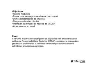 Objectivos:
• Retorno mediático
• Passar uma mensagem socialmente responsável
• Unir os colaboradores da empresa
• Chegar a potenciais clientes
• Promover a actividade de negocio da MSCAR
• Atrair pessoas ao stand



Caso:
Criar uma iniciativa que alcançasse os objectivos e se enquadrasse na
politica de Responsabilidade Social da MSCAR, centrada na educação e
prevenção, promovendo o comercio e manutenção automóvel como
actividades principais da empresa.
 