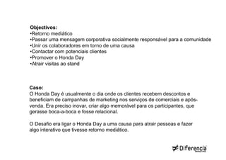 Objectivos:
• Retorno mediático
• Passar uma mensagem corporativa socialmente responsável para a comunidade
• Unir os colaboradores em torno de uma causa
• Contactar com potenciais clientes
• Promover o Honda Day
• Atrair visitas ao stand



Caso:
O Honda Day é usualmente o dia onde os clientes recebem descontos e
beneficiam de campanhas de marketing nos serviços de comerciais e após-
venda. Era preciso inovar, criar algo memorável para os participantes, que
gerasse boca-a-boca e fosse relacional.

O Desafio era ligar o Honda Day a uma causa para atrair pessoas e fazer
algo interativo que tivesse retorno mediático.
 