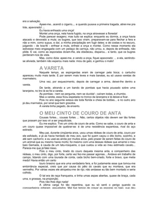 era a salvação.
               Apeei-me.. acendi o cigarro.,.. e quando puxava a primeira tragada, atirei-me pra
trás, apavorado! ...
               Eu havia enfreado uma onça!
               Montei uma onça, nela havia fugido, na onça atravessei a floresta!
               Pode parecer exagero; mas tudo se explica: enquanto eu dormia, a onça havia
atacado e devorado a mula; os bugres, que isso viram, preparavam-se para flechar a fera e
não a mim, como supus, e daí, a minha precipitação em fugir deles; e de costas e no escuro,
julgando - de boa-fé - enfrear a mula, enfreei a onça e montei. Como nesse momento ela
estivesse meio engasgada com um pedaço de carniça, não urrou, e, depois de enfreada, não
pôde. E vai, como as esporadas doíam-lhe, ela obedeceu, disparou... e tanto, que os bugres
perderam-nos de vista.
               Mas, como dizia: apeei-me, e vendo a onça, fiquei apavorado: ... e ela, sentindo-
se aliviada, também não esperou mais nada: miou de gato, e ganhou o mato!

              A VARETA
                Naquele tempo, as espingardas eram de carregar pela boca; o cartucho
apareceu muito mais tarde. E por serem mais leves e mais baratas, eu só usava varetas de
marmeleiro.
                Uma vez, por esquecimento, depois de carregar a arma, deixei-lhe dentro a
vareta.
                De tarde, atirando a um bando de pombas que havia pousado sobre uma
laranjeira, no tiro lá se foi a vareta.
                As pombas - nem se pergunta, nem se duvida! - caíram todas, a chumbo.
                Mas a vareta, essa ficou espetada no tronco da laranjeira e lá deixei-a ficar.
                Pois no ano seguinte estava ela toda florida e cheia de botões... e no outro ano
já deu marmelos, por sinal que bem graúdos.
                A vareta tinha pegado, de enxerto.

              O MEU CINTO DE COURO DE ANTA
              Cousas fortes... cousas fortes ... Não, certos objetos não devem ser tão fortes
que possam por isso vir a ser prejudiciais.
              Eu me explico. Tive um cinto de couro de anta. Como se sabe, o couro de anta e
um couro quase impossível de quebrar-se: é de uma resistência espantosa, rival do aço
estirado.
              Meu pai, durante cinqüenta anos, usou umas rédeas de couro de anta, couro por
ele esfolado, e já as havia herdado de meu avo, que foi quem caçou o dito bicho, sozinho, e
até sem cachorro; e eu usei-as ainda por muitos anos, pelo prazer de serem feitas do couro de
um animal que eu mesmo havia morto; foi mesmo com uma dessas rédeas que amarrei o meu
baio Gemada, à cauda de um tatu-rosqueira, o que custou a vida ao meu estimado cavalo...
Parece-me que já falei nisso.
              Pois o meu cinto, tirado do couro daquela mesma anta, e companheiro das
rédeas, o meu cinto, digo, por forte, certa vez fez-me passar agonias... Andava em trabalho de
campo, lidando com uma tourada de conta, cada bicho bem-criado, forte e bravo, que metia
medo! Havia então um certo
              touro brasino que era uma verdadeira fera, e foi justamente esse que tomou-me
embirrância especial, creio que por causa do pêlo do cavalo que eu montava, que era
vermelho. Por várias vezes ele atropelou-me de rijo; não andasse eu tão bem montado e seria
colhido.
              O tal era de raça franqueira, e tinha umas aspas abertas, quase de braça, cada
uma, e grossas, na proporção.
              Pois não lhes digo nada!
              A última carga foi tão repentina, que eu só senti o perigo quando os
companheiros gritaram, assustados. Mal tive tempo de cravar as esporas no baio, que deu
 