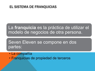 EL SISTEMA DE FRANQUICIAS




La franquicia es la práctica de utilizar el
modelo de negocios de otra persona.

Seven Eleven se compone en dos
partes:
• La compañía
• Franquicias de propiedad de terceros
 