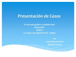 Presentación de Casos
   El mercado global es también local
              McDonald’s
                KORUS
  La moda y los deportes FIFA - Adidas

                                   Por
                           Laura Marcela Ortiz
                             Mildred Paruma
 