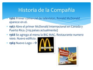 Historia de la Compañía
1966 Primer comercial de television. Ronald McDonald
aparece en el.
1967 Abre el primer McDonald Internacional en Canada y
Puerto Rico. (119 paises actualmente)
1968 Se agrega al menu la BIG MAC. Restaurante numero
1000. Nuevo edificio.
1969 Nuevo Logo --
 