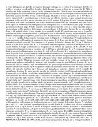 el objeto de la pericia era de todas las muestras de origen biológico que se realiza el levantamiento de todos los
perfiles y se coteje con el perfil de la señora Edith Bermeo. Lo que se hizo fue la extracción del ADN la
amplificación de las muestras y el cotejo con las muestras de la señora Edith Bermeo, fueron varios indicios los
que nos llegaron, los primeros indicios que nos llegaron en el informe esta detallado por cuanto es un poco difícil
memorizar todas las muestras, le voy a indicar en grupo. El grupo de indicios que consta des el MP1 hasta el
indicio número EMP14 son indicios que se tomaron de un vehículo Montero, en este vehículo tenemos una
muestra de perfiles genéticos que no coinciden con el perfil genético de la señora Bermeo. Los otros grupos de
indicios que analizamos corresponden a un indicio denominado como MP15 que corresponde a un corte de tela
de un zapato, en este tenemos un perfil genético que corresponde al de la señora Bermeo; otro grupo de indicios
que analizamos fue un grupo de lecho unguiales tanto de la mano derecha como de la mano izquierda, tenemos
una mezcla de perfiles genéticos de los cuales uno coincide con el de la señora Bermeo. En los otros indicios
desde el 19 hasta el indicio 24 son tomados de un vehículo Suzuki SZ encontramos una mezcla de perfiles
genéticos uno de los cuales coincide con el perfil genético de la señora Edith Bermeo, hay unos indicios que no
pudimos obtener ampliación genética, como es el caso de un neumático y de un guardafangos de que es el indicio
11, 12, 13, 14 y el 22.2. P. Las muestras fueron de origen biológico R.- no podría indicar. P. Usted manifestó que
había encontrado perfil genético de una muestra de un zapato. R. Si de un corte de tela de un zapato y de una
bermuda denominada como MP23 se encontró perfil genético de la señora Bermeo. DEFENSA. P. Motivo su
pericia en ADN de un botella o no. R. Si se encontraba una botella pero no coincidía el perfil genético con la
señora Bermeo. P. Llego levantamiento de hisopados de un cinturón de seguridad. R. No JUEZA. P. para
cotejamiento se le pusieron para su experticia solo el ADN de la señora Bermeo R.- si P.- me puede indicar de
donde se sacaron los hisopados que le enviaron R.- mp1 mp2 mop3 tomado de la parte interna del guardafangos
lateral izquierdo de un vehículo montero, mp4 hisopado levantado de una machan ubicado en el guardachoque
anterior costado derecho del vehículo Mitsubishi montero; mp5 tenemos hisopados tomados del tercio inferior
costado derecho del Mitsubishi montero; mp6 un hisopado tomado de un guardachoque delantero interior tercio
anterior del vehículo Mitsubishi montero; mp7 son hisopados tomado de la rejillas de ventilación del
guardachoque delantero del vehículo Montero; mp8 hisopado tomado del guardachoque delantero del tercio
derecho del vehículo montero; mp9 hisopado tomado del guardachoque delantero del tercio superior costado
derecho del vehículo montero; mp10 hisopado levantados del neumático anterior derecho del borde externo del
labrado del vehículo montero; mp11 hisopado del guardafangos delantero derecho; mp12 hisopado del
guardafangos delantero del tercio superior derecho del vehículo montero; mp13 hisopado del guardachoque
delantero del tercio inferior costado derecho del vehículo montero; mp14 hisopado del labrado del neumático
anterior derecho del vehículo montero; mp15 corte de tela de un zapato izquierdo; mp16 muestras tomadas como
uñas mano izquierda; mp17 muestras tomadas como uñas manos derecha; mp18 muestra tomada como hisopado
de una botella; mp19 muestra tomado como de una manija puerta izquierda de un vehículo Suzuki modelo Sz;
mp20 hisopados tomados de la moldura plástica de la puerta anterior izquierda; mp21 hisopado tomados de la
moldura plástica de la puerta anterior derecha; mp22 hisopados de la moldura plástica del estribo anterior derecho
del tercio anterior; mp23 prenda de vestir tipo bermuda de color caqui; mp24 fragmento de tela negra y blanco
tomado de asiento izquierdo.- P.- nos puede decir de manera pausada si en la parte de los guardachoques del carro
encontró algún indico de ADN de la señora Bermeo R.- en esta no se encuentra perfil genético que coincida con
el perfil genético de la señora Bermeo. No se encuentra coincidencia con el perfil genético de la señora Bermeo
en el mp1 mp2 mp3 mp4 mp5 mp6 mp7 mp8 mp9 mp10 mp14 mp18 P.- como tribunal debemos entender que no
se encontró ningún perfil genético R.- no se encontró P.- en cuales se encontró perfiles genéticos de la señora
Bermeo R.- se encontró en el mp15 mp16 mp17 mp19 mp20 mp21 mp22 mp23 mp24, esto es una mezcla de
perfiles genéticos en los cuales uno de ellos coincide con el perfil genético de la señora Bermeo. P.- usted dijo
que el mp15 es el corte de tela de zapato izquierdo, en ese corte de tela, R.- si solo corte de tela pero no indica de
que región P.- en el mp20 de que se trataba R: hisopado tomado de una montura plástica de la puerta anterior
izquierda. P.- esas muestras de ADN que le enviaron a usted, puede determinar si tiene algún tiempo desde cuando
estaban ahí las muestras R.- no nos determina tiempo P.- nos puede indicar del mp22 R.- es una moldura plástica
del estribo anterior derecho P.- estamos hablando el estribo derecho del carro R.- esas muestras fueron enviadas
P.- podemos saber de cuantas mezclas de perfiles genéticos habían R.- es difícil saber cuántos perfiles se pueden
encontrar P.- mp24 hubo mezclas o perfil de la señora R.- hubo mezcla. n) TESTIMONIO DE CARLOS
ALFONZO PERUGACHI BETANCOURT, quien luego del juramento de rigor, en lo principal manifestó lo
 