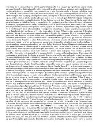 solo siente que la vuela; indica que además que la cartera estaba en el vehículo de copiloto que saca la cartera,
que sigue llamando y dice ayuda cuiden a Geovanito, pide ayuda a guardias de texcumar, indica que la amarra la
camiseta a la pierna, y toma al hijo y va caminando con el niño llega al vehículo, le da besos en la boca, luego
por Facebook y en el hospital se entera por la muerte de Sharon. Indica que queda en posición fetal izquierda vista
a San Pablo pies para la playa y cabeza para texcumar, que le pone en posición boca arriba. Que arroja la cartera
y pone junto a ella y el celular en el pecho, dice que se saca la camiseta para hacerle torniquete en la pierna
izquierda. Relato quinto consta el testimonio de Ana Ruilova, novia de Luis Miguel Correa Dávila, quien indica
que a la altura de la ciudadela Camila ve que del andel del carril derecho se hacen luces del stop y realizan una
maniobra en zigzag y continua recorrido carril derecho y cerca de texcumar ve cruzar, rápidamente desde el andén
derecho guarda raya subiéndose al parterre central y que en ese momento bajan la velocidad y mientras siguen
por el carril izquierdo dirige ella su mirado y ve una persona cabeza hacia la playa y las piernas hacia el carril en
eso le dice al novio para que llamen al 911, ella observa luces de stop a 300 metros hace una zigzag de derecha a
izquierda y vuelve el carro a tomar trayectoria en el carril derecho ella observa un SZ en la berma con las luces
apagadas a unos 40 metros de distancia ellos reducen la velocidad y observa que un SZ cruza la vía rápidamente
subiendo al parterre central. Relato sexto es del señor Luis Miguel Correa quien indica que manejaba la camioneta
D-Max por el carril derecho a la altura de texcumar, que observa que un carro SZ realiza un frenazo hace una
maniobra de zigzag y se cruza que observa que una persona esta de cubito lateral izquierdo con la vista hacia el
mar piernas hacia montañita, cabeza hacia san pablo. Relato Séptimo de Tatiana Chávez quien indica que recién
a las 00h00 recién sale de montañita y que se impacta con una moto. Octavo relato es de Walter Rivera Chamba,
quien dice que estaba de turno de texcumar aproximadamente a las 23H55 mientras veía con audífonos con su
celular una película escucho de tres a cuatro segundos el frenazo de un carro pone pausa y sube a la garrita de
entre 15 a 18 segundos en la garrita observa un vehículo sobre el parterre embancado con parte delantera derecha
en dirección a Monteverde dos llantas al costado derecho en el asfalto aun acelerando en eso logra ver que
Geovanny López se baja desde el costado del conductor para cruzar la calle con dirección a la playa les ahí donde
observa sobre el asfalto el cuerpo del lado en decúbito lateral izquierdo piernas a la playa y cabeza hacia texcumar
se percata que Geovanny López se arrodilla junto a ella hasta ese momento no observa que Geovanny López que
hace llamas telefónicas y Walter Riera Chamba baja y en eso Geovanny López trata de parar a un carro rojo indica
que la que está en el piso es Sharon en ese momento Rivera Chamba llama al 911 y observa una cartera en el
hombro izquierdo y dice que no tiene ningún torniquete observando a la occisa con posición con ambas piernas
extendidas hacia la playa cartera en el hombro izquierdo estaba dentro de la berma pero igual le movieron; que
Sharon vestía traje de baño con un vestido de playa mostraba sus partes íntimas él le pide que se saque a Geovanny
López la camiseta para taparle sus partes íntimas a Sharon. En el noveno relato es José Domínguez quien indica
que ve un cuerpo que corre y en el parterre ve un carro cruzar el parterre y se acerca donde Walter Rivera y le
dice que llame al 911 José Domínguez observa un celular de color blanco y Geovanny López le ve y no le dice
nada, en la misma posición que dice Walter Rivera Chamba y José Domínguez indican ambos que el carro está
atascado en el parterre vía a Montañita lo cual contradice lo que dice Geovanny López porque él dice que él cruza
de manera diagonal por el parterre, el relato 8 y 9 coincide. Así mismo indica el perito que realizo el informe de
ruta técnica en donde a través de la geolocalización que da el dispositivo móvil GPS de marca GARMIN modelo
60csx que indica las coordinadas geográficas que marcaba como punto d4 coordenadas -2.127973 oeste
80.763072 a las 12H01 del 04 de enero del año 2015 que al calibrar el dispositivo se estableció la posición del d4
que es el vehículo SZ en donde la lámina ilustrativa numero 6 donde el GPS marco la posición del SZ emparejando
desde la hostería de Olón mas el emparejamiento de las coordenadas geográficas llega a las 11H46 y se parquea
por 13 minutos; en el relato 10 El señor Segundo Matías Scola ve dos carros a muy corta distancia uno obscuro y
otro claro y le dice a su pareja Alexandra de la Cruz vamos a ver y al salir ella escucha lo que Geovanny López
le dice al Dr. Blum que venían discutiendo la pareja Scola y De la Cruz ubican al vehículo SZ en el parterre con
vista hacia montañita. a.9) TESTIMONIO DE SAMANTHA STEFFI GREY BERMEO, quien luego del
juramento de rigor, indico lo siguiente: Que su madre Edith Rosario Bermeo Cisneros (+) le había dicho que
como quedo embarazada nos vamos a quedar con él bebe y esperemos que el padre (entiéndase Geovanny López
Tello) se valla, refiriendo de igual forma varios episodios de maltrato psicológicos, emocional y físico, de los que
fue presente en una agresión verbal que el conviviente de su madre le realizaba al indicar que “chucha de tu
madre, vales verga, esta puta, esta zorra, esta prostituta”, siempre hablando de forma despectiva de todo mundo.
De igual forma refiere que escuchaba diferentes movimientos en el cuarto y por este motivo se va al cuarto y
 