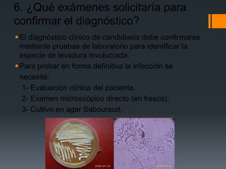 6. ¿Qué exámenes solicitaría para
confirmar el diagnóstico?
 El diagnóstico clínico de candidiasis debe confirmarse
  mediante pruebas de laboratorio para identificar la
  especie de levadura involucrada.
 Para probar en forma definitiva la infección se
  necesita:
   1- Evaluación clínica del paciente.
   2- Examen microscópico directo (en fresco).
   3- Cultivo en agar Sabouraud.
 