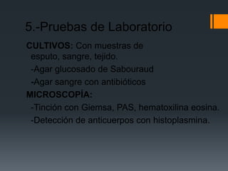 5.-Pruebas de Laboratorio
CULTIVOS: Con muestras de
 esputo, sangre, tejido.
 -Agar glucosado de Sabouraud
 -Agar sangre con antibióticos
MICROSCOPÍA:
 -Tinción con Giemsa, PAS, hematoxilina eosina.
 -Detección de anticuerpos con histoplasmina.
 