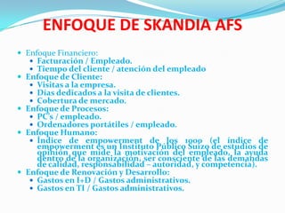 ENFOQUE DE SKANDIA AFS
 Enfoque Financiero:
    Facturación / Empleado.
    Tiempo del cliente / atención del empleado
 Enfoque de Cliente:
    Visitas a la empresa.
    Días dedicados a la visita de clientes.
    Cobertura de mercado.
 Enfoque de Procesos:
    PC’s / empleado.
    Ordenadores portátiles / empleado.
 Enfoque Humano:
    Índice de empowerment de los           1000 (el índice de
     empowerment es un Instituto Público Suizo de estudios de
     opinión que mide la motivación del empleado, la ayuda
     dentro de la organización, ser consciente de las demandas
     de calidad, responsabilidad – autoridad, y competencia).
 Enfoque de Renovación y Desarrollo:
    Gastos en I+D / Gastos administrativos.
    Gastos en TI / Gastos administrativos.
 