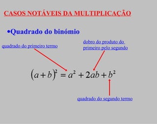 CASOS NOTÁVEIS DA MULTIPLICAÇÃO
•Quadrado do binómio
quadrado do primeiro termo
dobro do produto do
primeiro pelo segundo
quadrado do segundo termo