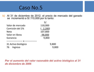 S/.
Valor de mercado 110,000
Comisión del 2% ( 2,200)
Neto 107,800
Valor en libros 98,000
Ganancia 9,800
-------------------- x ---------------
31 Activo biológico 9,800
76 Ingreso 9,800
Caso No.5
Por el aumento del valor razonable del activo biológico al 31
de diciembre de 2006
b) Al 31 de diciembre de 2012, el precio de mercado del ganado
se incrementó a S/.110,000 por lo tanto:
 