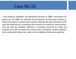 Una empresa establece una plantación durante el 2006, incurriendo en
gastos por S/.1,000. Los arbustos de té tomarán 10 años para madurar y
entonces producir las hojas para cosechar durante 40 años. Durante los 10
años de maduración, la empresa sólo incurrirá en costos de conservación.
Una vez que los arbustos maduren, la empresa incurrirá en costos de
cosecha así como en costos de conservación. Asimismo, recibirá ingresos
de la venta de las hojas, las cuales serán vendidas a fabricantes externos.
Caso No.10
 