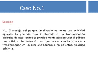 Solución
No. El manejo del parque de diversiones no es una actividad
agrícola. La gerencia está involucrada en la transformación
biológica de estos animales principalmente para proveer al público
una actividad de recreación más que para una venta o para una
transformación en un producto agrícola o en un activo biológico
adicional.
Caso No.1
 