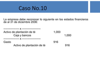 La empresa debe reconocer lo siguiente en los estados financieros
de al 31 de diciembre 2006:
----------------- x --------------------
Activo de plantación de té 1,000
Caja y bancos 1,000
----------------- x --------------------
Gasto 916
Activo de plantación de té 916
Caso No.10
 