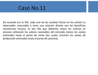 Solución
La vid es un activo biológico que continuamente genera activos
biológicos adicionales, esto es cosechas de vid. Cuando la empresa
cosecha la uva, estos dejan la transformación biológica y se
convierten en producto agrícola. La vid continúa como planta viva y
debe reconocerse como un activo biológico.
La empresa debe informar para la vid de acuerdo con la NIC 41 y la
cosecha de uvas como inventario, según la NIC 2.
Caso No.3
 