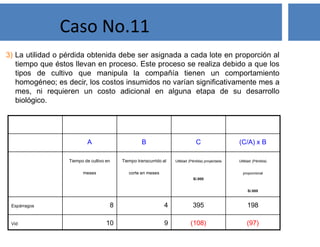 3) La utilidad o pérdida obtenida debe ser asignada a cada lote en proporción al
tiempo que éstos llevan en proceso. Este proceso se realiza debido a que los
tipos de cultivo que manipula la compañía tienen un comportamiento
homogéneo; es decir, los costos insumidos no varían significativamente mes a
mes, ni requieren un costo adicional en alguna etapa de su desarrollo
biológico.
A B C (C/A) x B
Tiempo de cultivo en
meses
Tiempo transcurrido al
corte en meses
Utilidad (Pérdida) proyectada
S/.000
Utilidad (Pérdida)
proporcional
S/.000
Espárragos 8 4 395 198
Vid 10 9 (108) (97)
Caso No.11
 