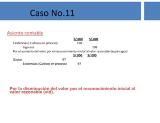 Asiento contable
S/.000 S/.000
Existencias ( Cultivos en proceso) 198
Ingresos 198
Por el aumento del valor por el reconocimiento inicial al valor razonable (espárragos)
S/.000 S/.000
Gastos 97
Existencias (Cultivos en proceso) 97
Caso No.11
Por la disminución del valor por el reconocimiento inicial al
valor razonable (vid).
 