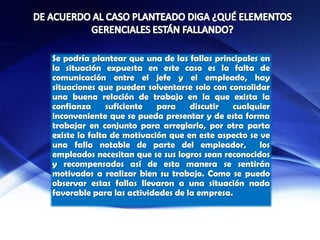 Se podría plantear que una de las fallas principales en
la situación expuesta en este caso es la falta de
comunicación entre el jefe y el empleado, hay
situaciones que pueden solventarse solo con consolidar
una buena relación de trabajo en la que exista la
confianza suficiente para discutir cualquier
inconveniente que se pueda presentar y de esta forma
trabajar en conjunto para arreglarlo, por otra parta
existe la falta de motivación que en este aspecto se ve
una falla notable de parte del empleador, los
empleados necesitan que se sus logros sean reconocidos
y recompensados así de esta manera se sentirán
motivados a realizar bien su trabajo. Como se puedo
observar estas fallas llevaron a una situación nada
favorable para las actividades de la empresa.
 