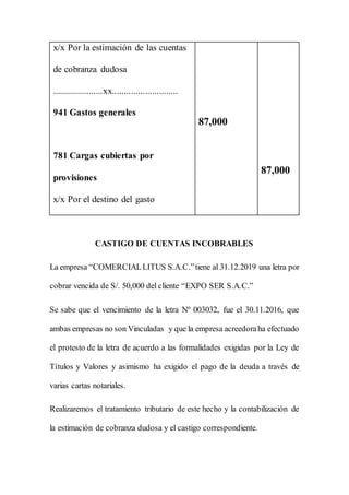 x/x Por la estimación de las cuentas
de cobranza dudosa
......................xx............................
941 Gastos generales
781 Cargas cubiertas por
provisiones
x/x Por el destino del gasto
87,000
87,000
CASTIGO DE CUENTAS INCOBRABLES
La empresa “COMERCIALLITUS S.A.C.”tiene al 31.12.2019 una letra por
cobrar vencida de S/. 50,000 del cliente “EXPO SER S.A.C.”
Se sabe que el vencimiento de la letra Nº 003032, fue el 30.11.2016, que
ambas empresas no son Vinculadas y que la empresa acreedoraha efectuado
el protesto de la letra de acuerdo a las formalidades exigidas por la Ley de
Títulos y Valores y asimismo ha exigido el pago de la deuda a través de
varias cartas notariales.
Realizaremos el tratamiento tributario de este hecho y la contabilización de
la estimación de cobranza dudosa y el castigo correspondiente.
 