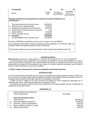Es deducible No No Sí
Razón
Excede
13%
Excede 1.3
veces SMGAG
No rebasa
13% ni 1.3
veces SMGAG
Requisito de deducción de prestaciones de previsión social de trabajadores no
sindicalizados
Total de prestaciones de previsión social 499,850.00
(-) Aportaciones de seguridad social 94,565.00
(-) Aportaciones patronales al fondo de ahorro 80,000.00
(-) Aportaciones a fondos privados de pensiones 0.00
(-) Gastos médicos 73,250.00
(-) Primas de seguro de vida 56,350.00
(=) Resultado 195,685.00
10 veces SMGAG zona A elevado al año 227,504.50
El total de 195,685.00 es deducible ya que es menor a tope de 10 veces SMGAG
Las prestaciones disminuidas al total de prestaciones serán deducibles si en particular cada una
de ellas cumplen los requisitos específicos para su deducción
* El porcentaje máximo que puede aportar el patrón sobre el salario del trabajador es del 13%
OBSERVACIONES
Marco jurídico: Artículos 8o., último párrafo, y 31, fracción XII, de la LISR, y 40, 41, 42 y 43 del RLISR.
Los tres supuestos que se establecen en los ejemplos son aquellos en los que la ley establece un monto o
límite numérico para su deducción, pero adicionalmente existen otros de carácter formal como el que dichas
prestaciones se otorguen de manera general, que consten en contratos colectivos de trabajo o que el fondo de
ahorro se reparta solamente una vez al año, etcétera.
12. Monto original y deducción de inversiones utilizadas durante todo el ejercicio
INTRODUCCIÓN
Una de las deducciones autorizadas que de acuerdo con la LISR tienen algunas personas físicas y morales son
las inversiones, las cuales pueden deducirse aplicando al MOI los porcentajes máximos autorizados en ley; sin
embargo, pueden aplicarse porcentajes menores a los señalados en dicha ley.
El MOI no sólo se integra por el precio del bien sino también por otras erogaciones efectuadas por la
adquisición del mismo, como se puede observar en el siguiente cuadro.
Los ejercicios en donde se utilice el bien de que se trate en los 12 meses completos del año, la deducción se
calculará de la siguiente manera:
DESARROLLO
Equipo destinado a la construcción
Fecha de adquisición 30/10/2008
Deducción del ejercicio 2012
Precio del bien 685,400.00
(+) Impuestos pagados excepto IVA 63,420.00
(+) Derechos y cuotas compensatorias 3,450.00
(+) Fletes, trasportes, acarreos y manejo 8,540.00
(+) Seguros de transporte 3,450.00
 