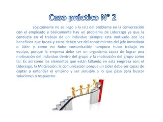Lógicamente no se llego a la raíz del problema en la conversación
con el empleado y básicamente hay un problema de Liderazgo ya que la
conducta en el trabajo de un individuo siempre esta motivado por los
beneficios que busca y estos deben ser del conocimiento del jefe inmediato
o Líder y como no hubo comunicación tampoco hubo trabajo en
equipo, porque la empresa debe ser un organismo capaz de lograr una
motivación del individuo dentro del grupo y la motivación del grupo como
tal. Es así como los elementos que están fallando en esta empresa son: el
Liderazgo, la Motivación, la comunicación porque un Líder debe ser capaz de
captar o entender el entorno y ser sensible a lo que pasa para buscar
soluciones o respuestas.
 
