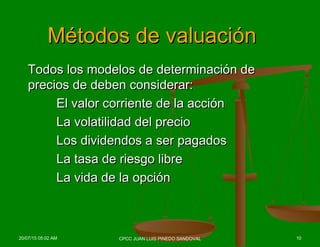Métodos de valuaciónMétodos de valuación
Todos los modelos de determinación deTodos los modelos de determinación de
precios de deben considerar:precios de deben considerar:
El valor corriente de la acciónEl valor corriente de la acción
La volatilidad del precioLa volatilidad del precio
Los dividendos a ser pagadosLos dividendos a ser pagados
La tasa de riesgo libreLa tasa de riesgo libre
La vida de la opciónLa vida de la opción
20/07/15 05:02 AM 10CPCC JUAN LUIS PINEDO SANDOVAL
 