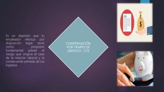 COMPENSACIÓN
POR TIEMPO DE
SERVICIO - CTS
Es un depósito que tu
empleador efectúa por
disposición legal; tiene
como propósito
fundamental prever el
riesgo que origina el cese
de la relación laboral y la
consecuente pérdida de tus
ingresos
 