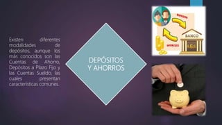 DEPÓSITOS
Y AHORROS
Existen diferentes
modalidades de
depósitos, aunque los
más conocidos son las
Cuentas de Ahorro,
Depósitos a Plazo Fijo y
las Cuentas Sueldo, las
cuales presentan
características comunes.
 