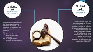 ARTÍCULO
221
OPERACIONE
S Y SERVICIOS
ARTÍCULO
225
CUENTA
CORRIENTE
La cuenta corriente regida por
la presente ley es un contrato
en virtud del cual una empresa
se obliga a cumplir las órdenes
de pago de su cliente hasta por
el importe del dinero que
hubiere depositado en ella o
del crédito que se haya
estipulado, esto último en el
caso de las empresas
autorizadas para conceder
sobregiros de conformidad con
los artículos 283 al 289.”
Las empresas podrán realizar
las siguientes operaciones y
servicios, de acuerdo a lo
dispuesto por el capítulo I del
título IV de esta sección
segunda:
3.
a) Otorgar sobregiros o
avances en cuentas
corrientes
b) b) Otorgar créditos
directos, con o sin garantía
 