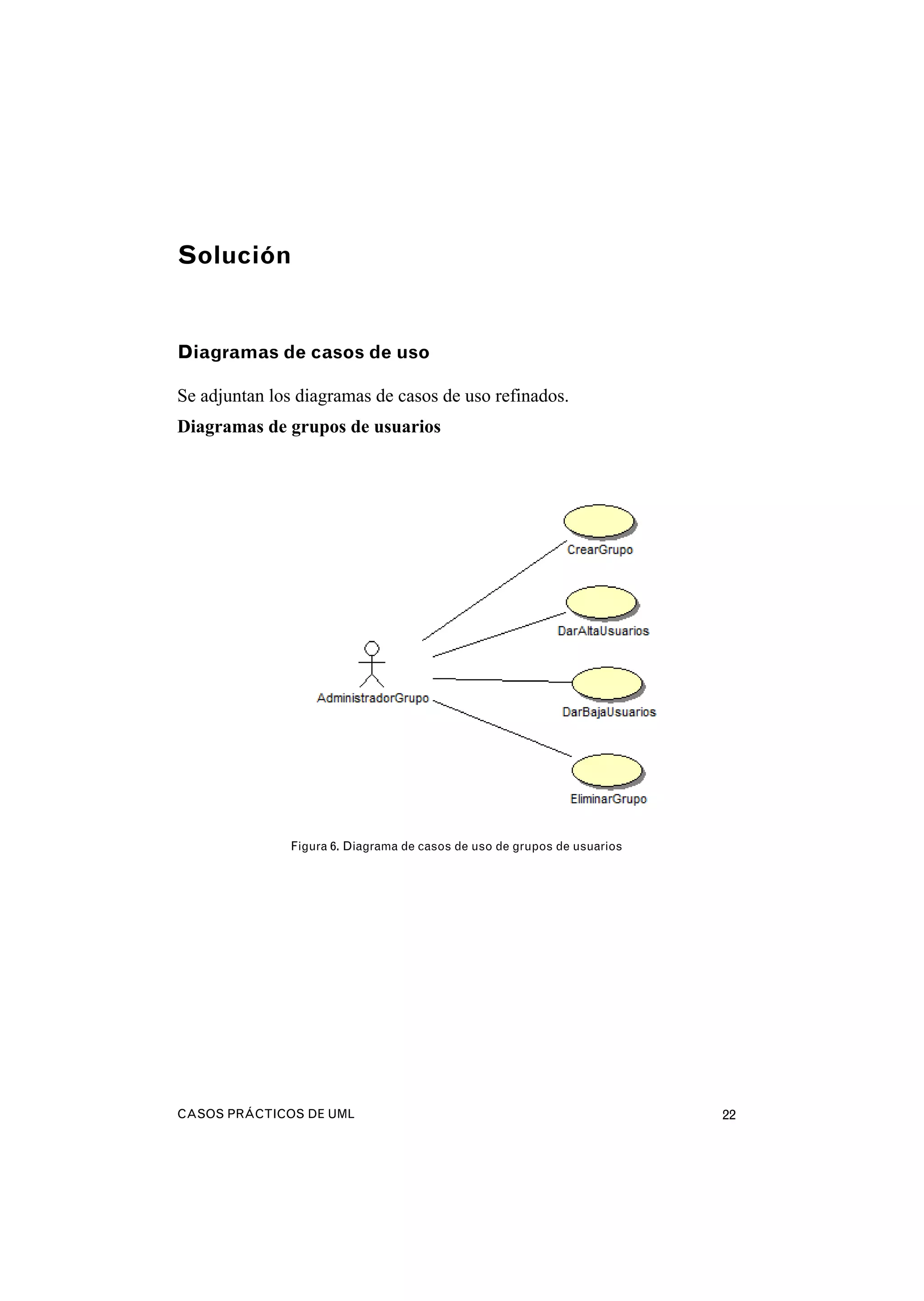CASOS PRÁCTICOS DE UML 22
Solución
Diagramas de casos de uso
Se adjuntan los diagramas de casos de uso refinados.
Diagramas de grupos de usuarios
Figura 6. Diagrama de casos de uso de grupos de usuarios
 