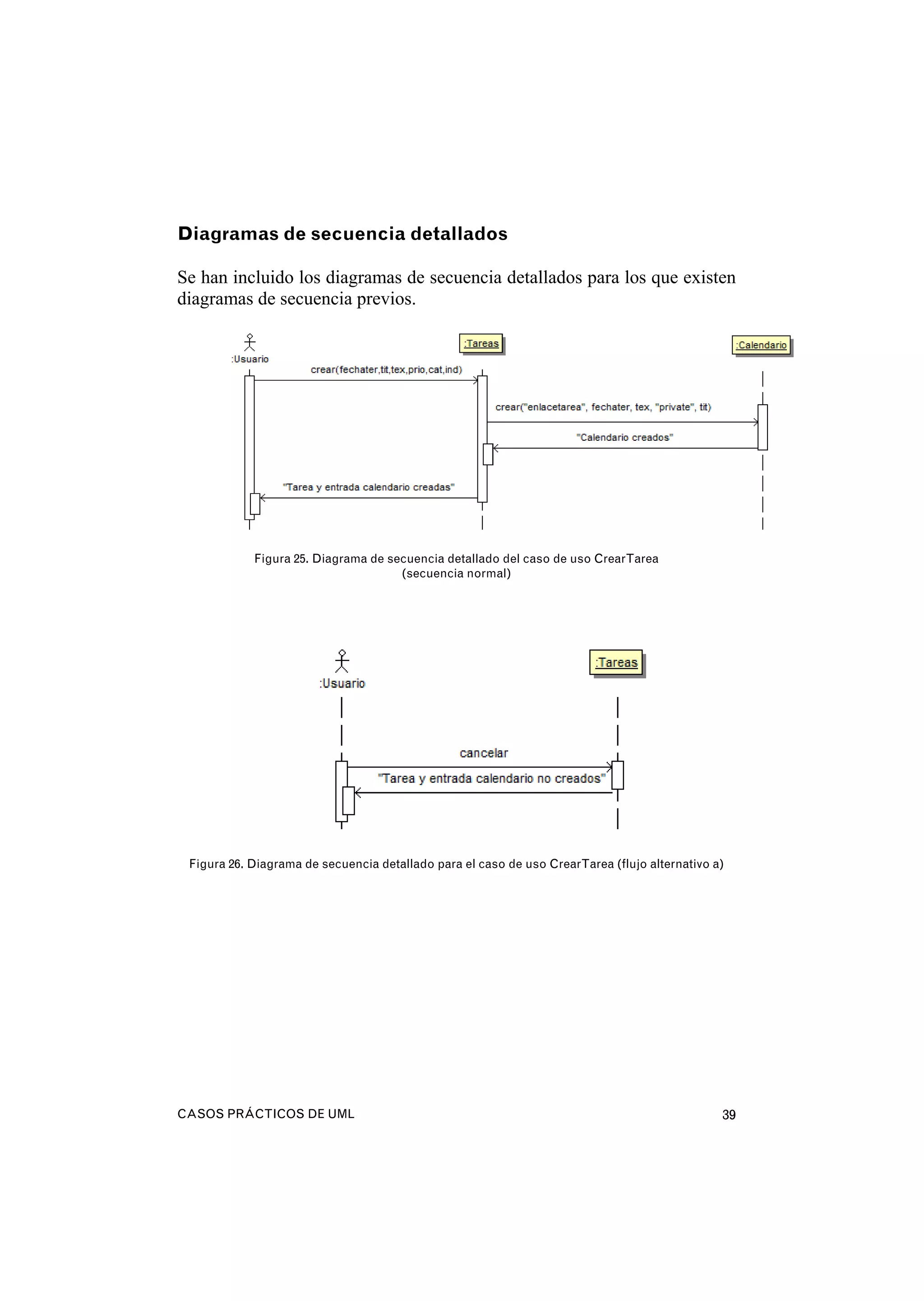 CASOS PRÁCTICOS DE UML 39
Diagramas de secuencia detallados
Se han incluido los diagramas de secuencia detallados para los que existen
diagramas de secuencia previos.
Figura 25. Diagrama de secuencia detallado del caso de uso CrearTarea
(secuencia normal)
Figura 26. Diagrama de secuencia detallado para el caso de uso CrearTarea (flujo alternativo a)
 