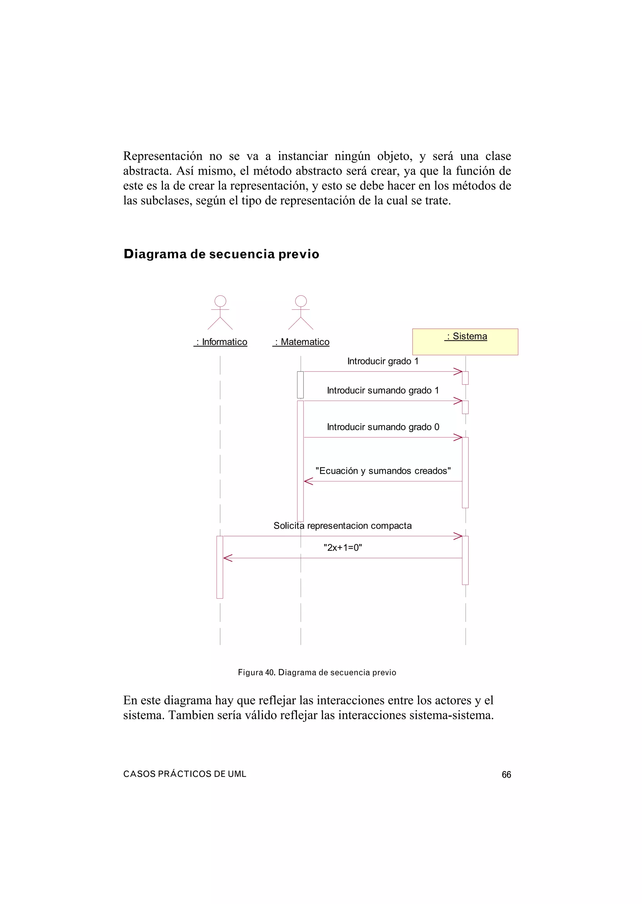 CASOS PRÁCTICOS DE UML 66
Representación no se va a instanciar ningún objeto, y será una clase
abstracta. Así mismo, el método abstracto será crear, ya que la función de
este es la de crear la representación, y esto se debe hacer en los métodos de
las subclases, según el tipo de representación de la cual se trate.
Diagrama de secuencia previo
: Informatico : Matematico
: Sistema
Introducir grado 1
Introducir sumando grado 1
Introducir sumando grado 0
"Ecuación y sumandos creados"
Solicita representacion compacta
"2x+1=0"
Figura 40. Diagrama de secuencia previo
En este diagrama hay que reflejar las interacciones entre los actores y el
sistema. Tambien sería válido reflejar las interacciones sistema-sistema.
 