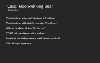 Resultados Visualizaciones primeras 2 semanas: 4,5 millones Visualizaciones al final de la campaña: 15 millones Millones de Visitas al sitio “Do the test” 77.000 links de diversos sitios al video Cobertura mundial generada a partir de un aviso local 20% del target impactado Caso: Moonwalking Bear 