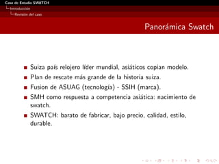 Caso de Estudio SWATCH
  Introducci´n
            o
    Revisi´n del caso
          o


                                                          Panor´mica Swatch
                                                               a



                 Suiza pa´ relojero l´
                         ıs          ıder mundial, asi´ticos copian modelo.
                                                      a
                 Plan de rescate m´s grande de la historia suiza.
                                  a
                 Fusion de ASUAG (tecnolog´ - SSIH (marca).
                                          ıa)
                 SMH como respuesta a competencia asi´tica: nacimiento de
                                                     a
                 swatch.
                 SWATCH: barato de fabricar, bajo precio, calidad, estilo,
                 durable.
 