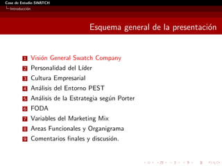 Caso de Estudio SWATCH
  Introducci´n
            o




                                       Esquema general de la presentaci´n
                                                                       o


         1       Visi´n General Swatch Company
                     o
         2       Personalidad del L´
                                   ıder
         3       Cultura Empresarial
         4       An´lisis del Entorno PEST
                   a
         5       An´lisis de la Estrategia seg´n Porter
                   a                          u
         6       FODA
         7       Variables del Marketing Mix
         8       Areas Funcionales y Organigrama
         9       Comentarios ﬁnales y discusi´n.
                                             o
 