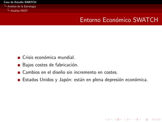 Caso de Estudio SWATCH
  An´lisis de la Estrategia
    a
    An´lisis PEST
      a


                                              Entorno Econ´mico SWATCH
                                                          o




               Crisis econ´mica mundial.
                          o
               Bajos costes de fabricaci´n.
                                        o
               Cambios en el dise˜o sin incremento en costes.
                                 n
               Estados Unidos y Jap´n: est´n en plena depresi´n econ´mica.
                                   o      a                  o      o
 