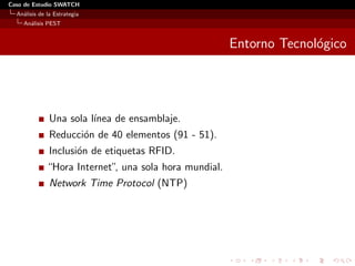 Caso de Estudio SWATCH
  An´lisis de la Estrategia
    a
    An´lisis PEST
      a


                                                       Entorno Tecnol´gico
                                                                     o




               Una sola l´
                         ınea de ensamblaje.
               Reducci´n de 40 elementos (91 - 51).
                      o
               Inclusi´n de etiquetas RFID.
                      o
              “Hora Internet” una sola hora mundial.
                             ,
               Network Time Protocol (NTP)
 