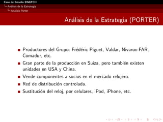 Caso de Estudio SWATCH
  An´lisis de la Estrategia
    a
    An´lisis Porter
      a


                                    An´lisis de la Estrategia (PORTER)
                                      a



               Productores del Grupo: Fr´d´ric Piguet, Valdar, Nivarox-FAR,
                                        e e
               Comadur, etc.
               Gran parte de la producci´n en Suiza, pero tambi´n existen
                                        o                      e
               unidades en USA y China.
               Vende componentes a socios en el mercado relojero.
               Red de distribuci´n controlada.
                                o
               Sustituci´n del reloj, por celulares, iPod, iPhone, etc.
                        o
 