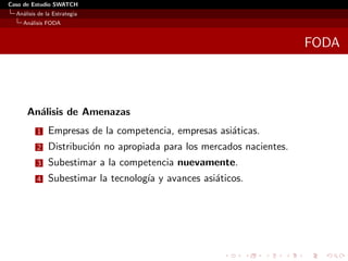 Caso de Estudio SWATCH
  An´lisis de la Estrategia
    a
    An´lisis FODA
      a


                                                                        FODA



      An´lisis de Amenazas
        a
          1    Empresas de la competencia, empresas asi´ticas.
                                                       a
          2    Distribuci´n no apropiada para los mercados nacientes.
                         o
          3    Subestimar a la competencia nuevamente.
          4    Subestimar la tecnolog´ y avances asi´ticos.
                                     ıa             a
 