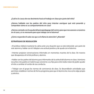 50
CONVIVENCIA ESCOLAR
¿Cuál es la causa de ese desinterés hacia el trabajo en clase por parte del niño?
¿Hemos hablado con los padres del niño para intentar averiguar qué está pasando y
comprobar cómo es su comportamiento en casa?
¿Hemos contado con la ayuda del psicopedagogo del centro para que nos asesore a nosotros
en el caso y si es necesario para que trabaje con el alumno?
¿Cómo responde él cada vez que se le llama la atención? ¿Atiende?
ESTRATEGIAS DE RESOLUCIÓN
• El profesor deberá mantener la calma ante una situación que se está reiterando por parte de
este alumno y hablar con él. Adoptar una actitud positiva y de ayuda con el alumno.
• Intentar propiciar conversaciones informales en momentos muertos de la clase. De manera
que desaparezca el rol de profesor y alumno.
• Hablar con los padres del alumno para informarles de la actitud del alumno en clase. Asimismo
escuchar a los padres en todo lo que concierne a su hijo para entre todos tratar de poder ayudar
al niño a cambiar el rumbo de esa conducta.
• Trabajar con el grupo las normas de convivencia de clase. Se desarrollarán actividades que
permitan establecer normas de forma progresiva para que el alumno las viva como algo propio
y práctico.
 